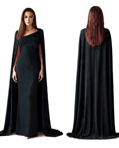 Asymmetrical satin matte gown and draping cape