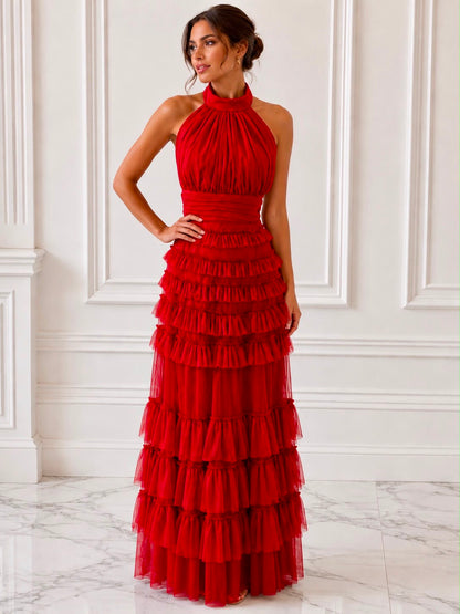 Captivating tiered tulle halter maxi dress