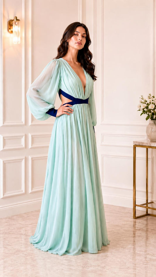 Long sleeve color block open back chiffon maxi dress