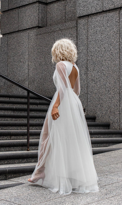 Flying Sleeve Soft Tulle Double Side Slit Open Back Maxi Dress