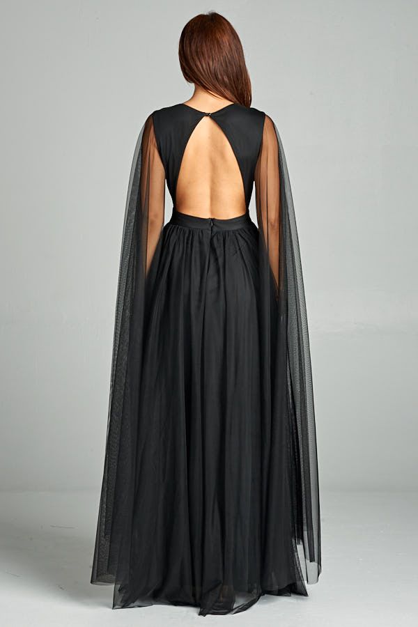 Flying Sleeve Soft Tulle Double Side Slit Open Back Maxi Dress