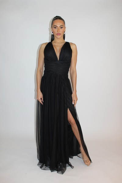 Indulge in luxury soft tulle criss cross back maxi dress