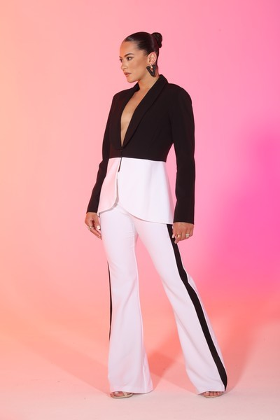 Preorder*Impressive Color block jacket and high waisted side striped pants suit set