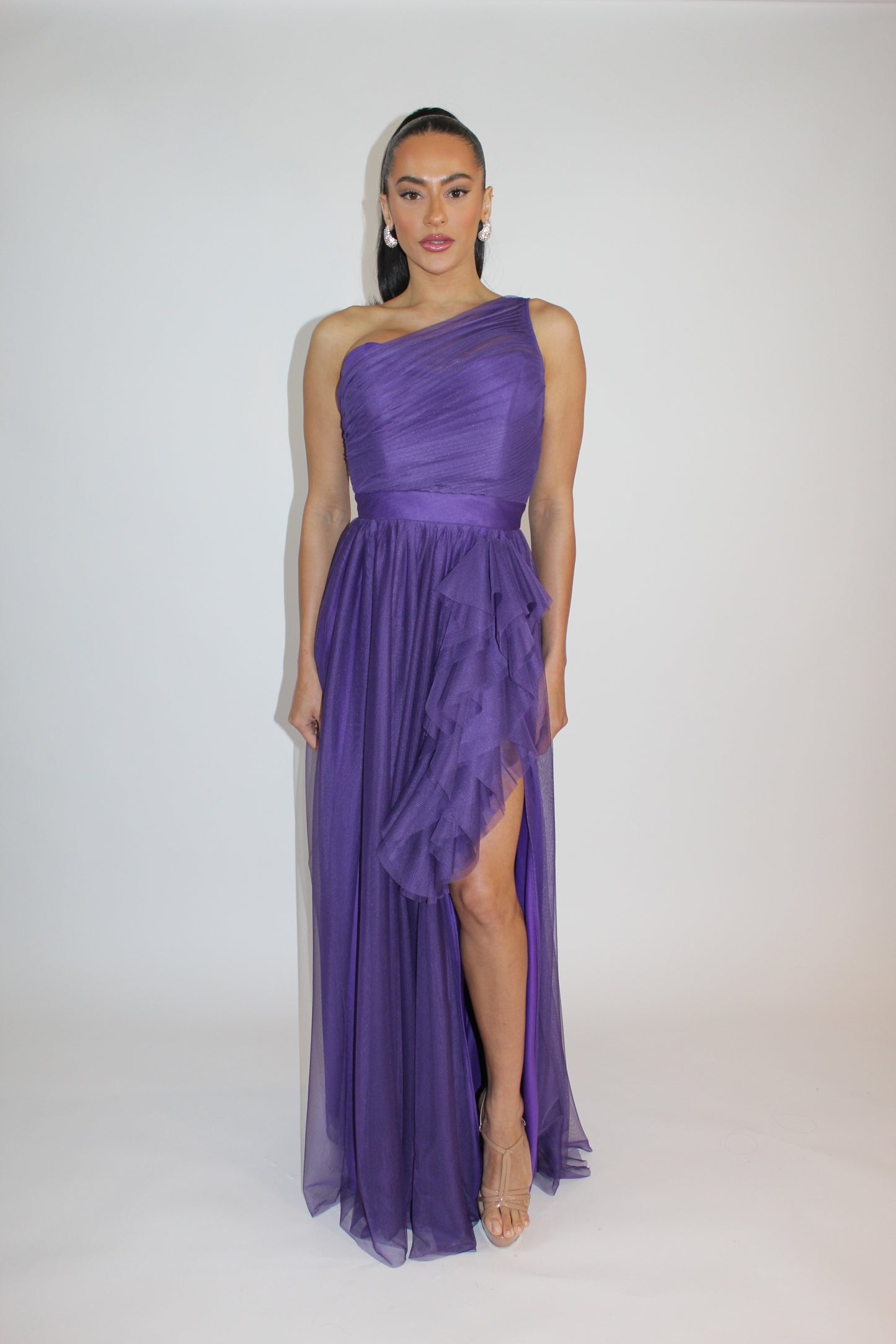 Special embrace one shoulder ruffle tulle slit gown