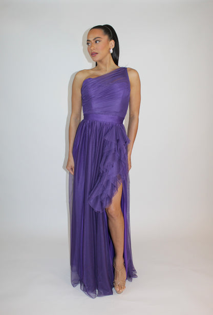 Special embrace one shoulder ruffle tulle slit gown