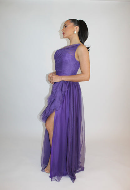 Special embrace one shoulder ruffle tulle slit gown