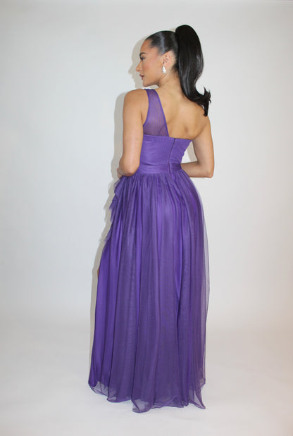 Special embrace one shoulder ruffle tulle slit gown