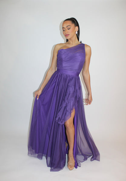 Special embrace one shoulder ruffle tulle slit gown