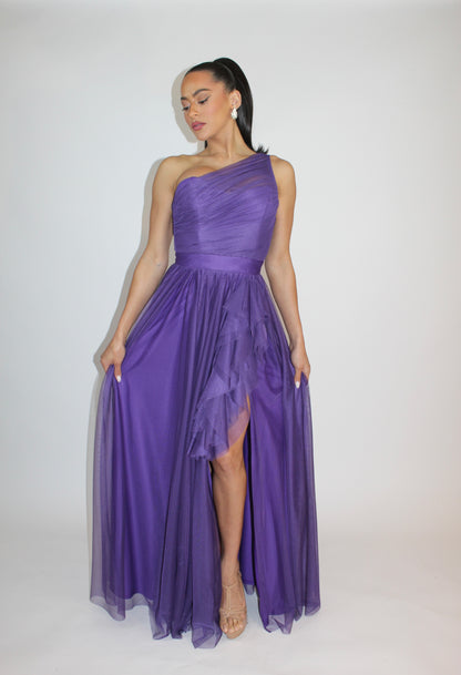 Special embrace one shoulder ruffle tulle slit gown