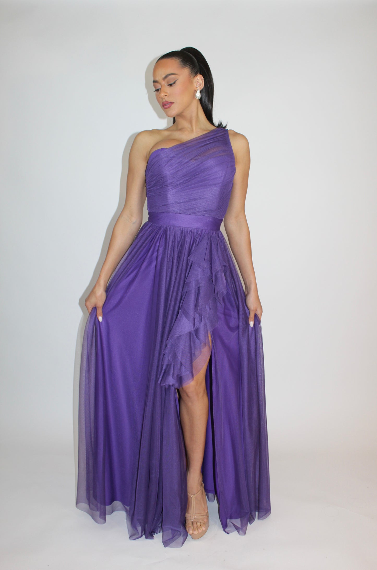 Special embrace one shoulder ruffle tulle slit gown