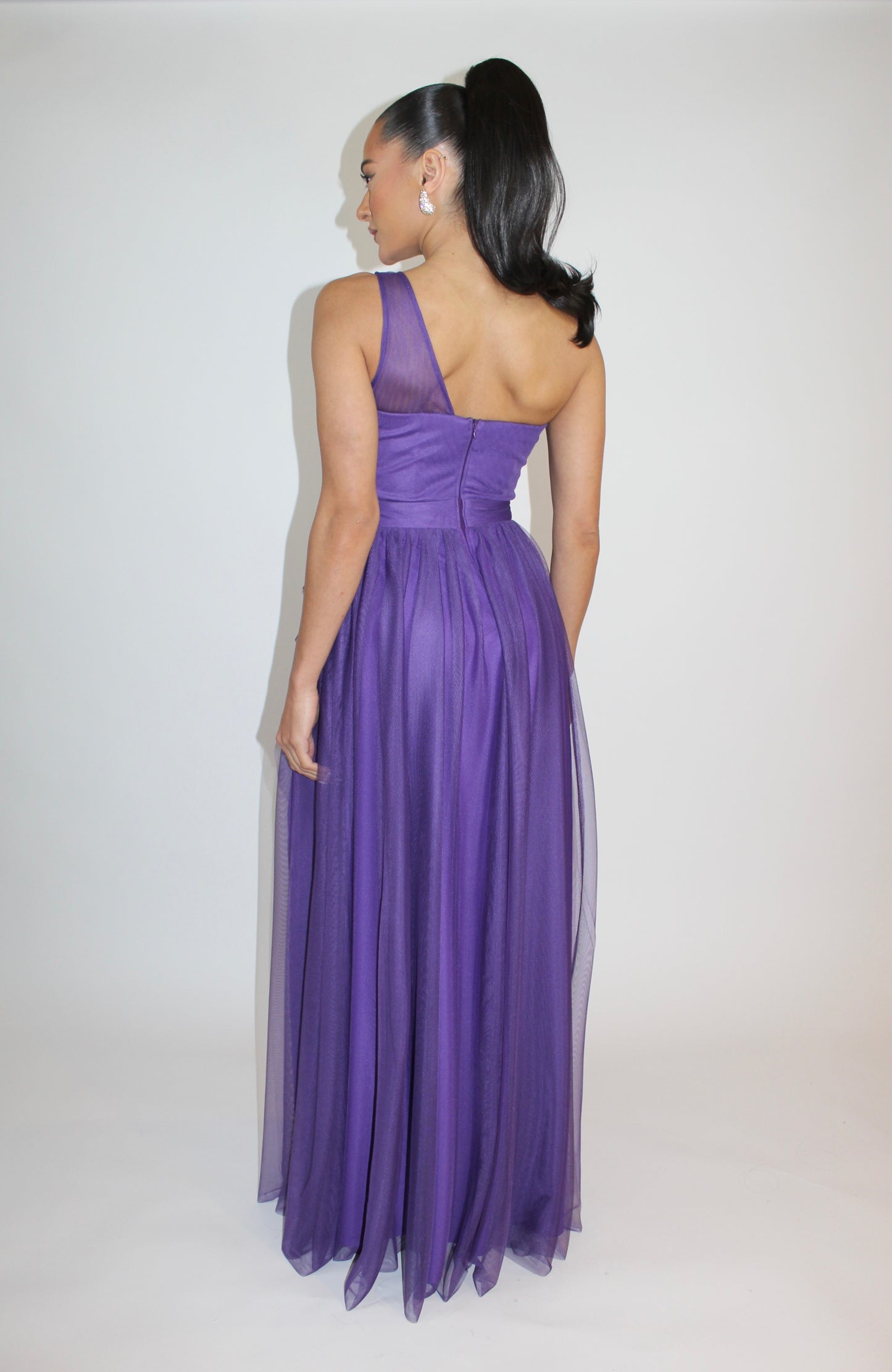 Special embrace one shoulder ruffle tulle slit gown