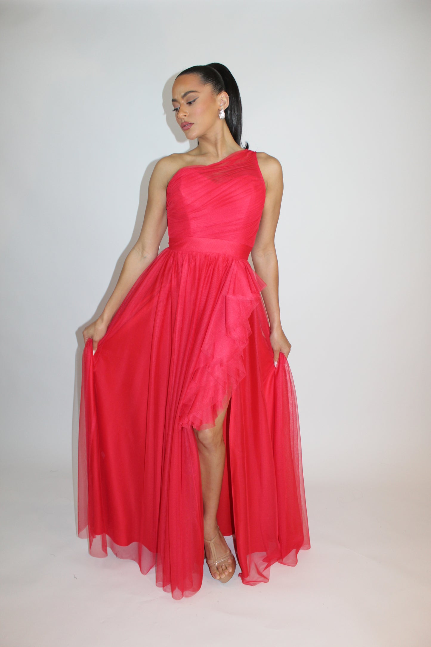 Special embrace one shoulder ruffle tulle slit gown