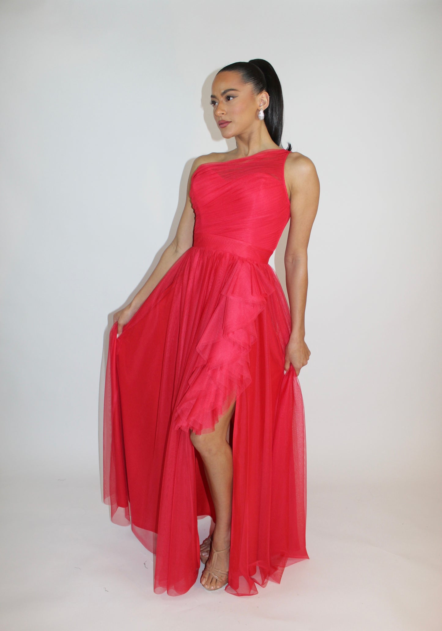 Special embrace one shoulder ruffle tulle slit gown