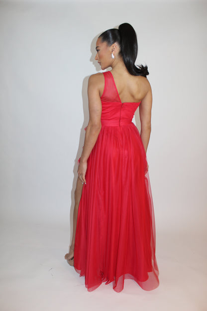 Special embrace one shoulder ruffle tulle slit gown