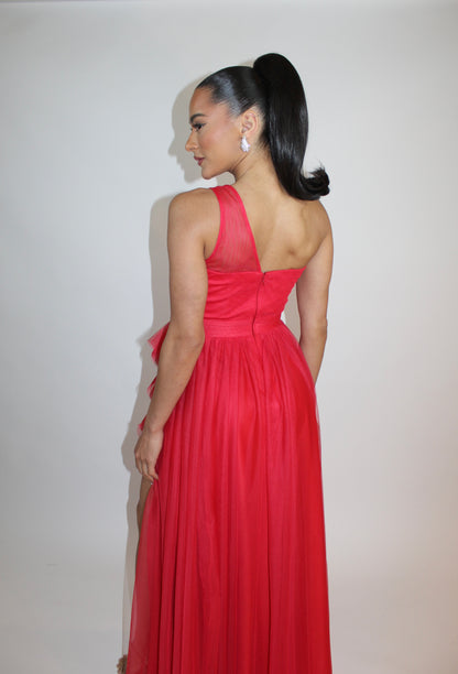 Special embrace one shoulder ruffle tulle slit gown