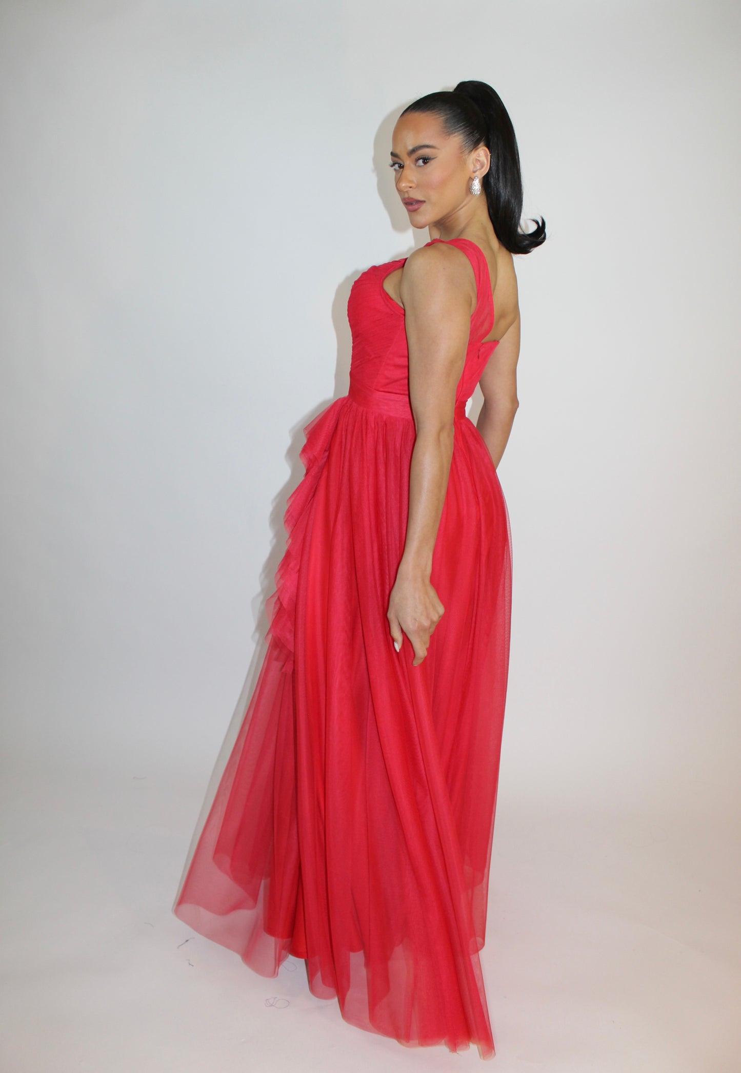 Special embrace one shoulder ruffle tulle slit gown