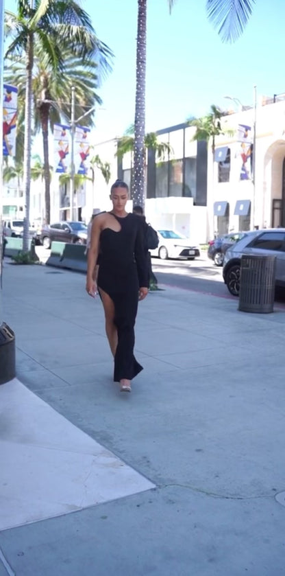 Asymmetrical Perfection one sleeve crepe maxi side slit dress