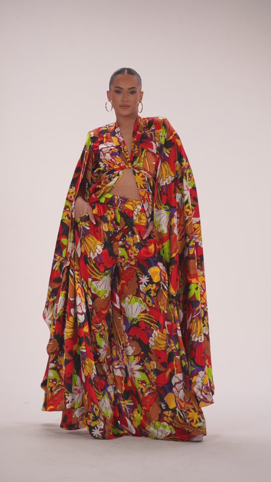 Cara tropical flower print kimono satin cape top with matching
