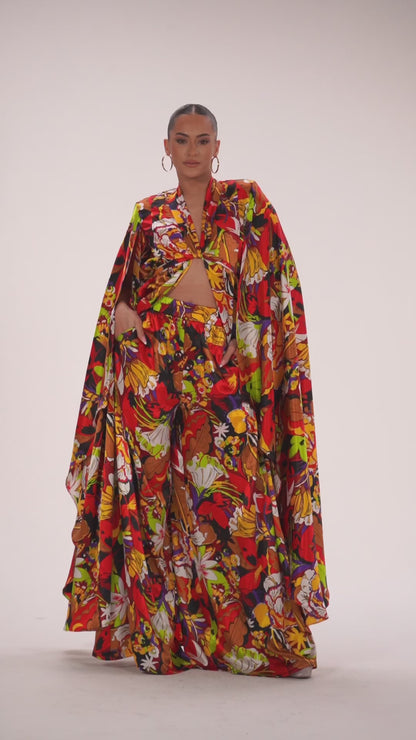 Cara tropical flower print kimono satin cape top with matching high waisted pants set