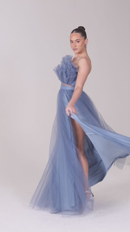 Strapless layered tulle asymmetrical bodice side slit gown